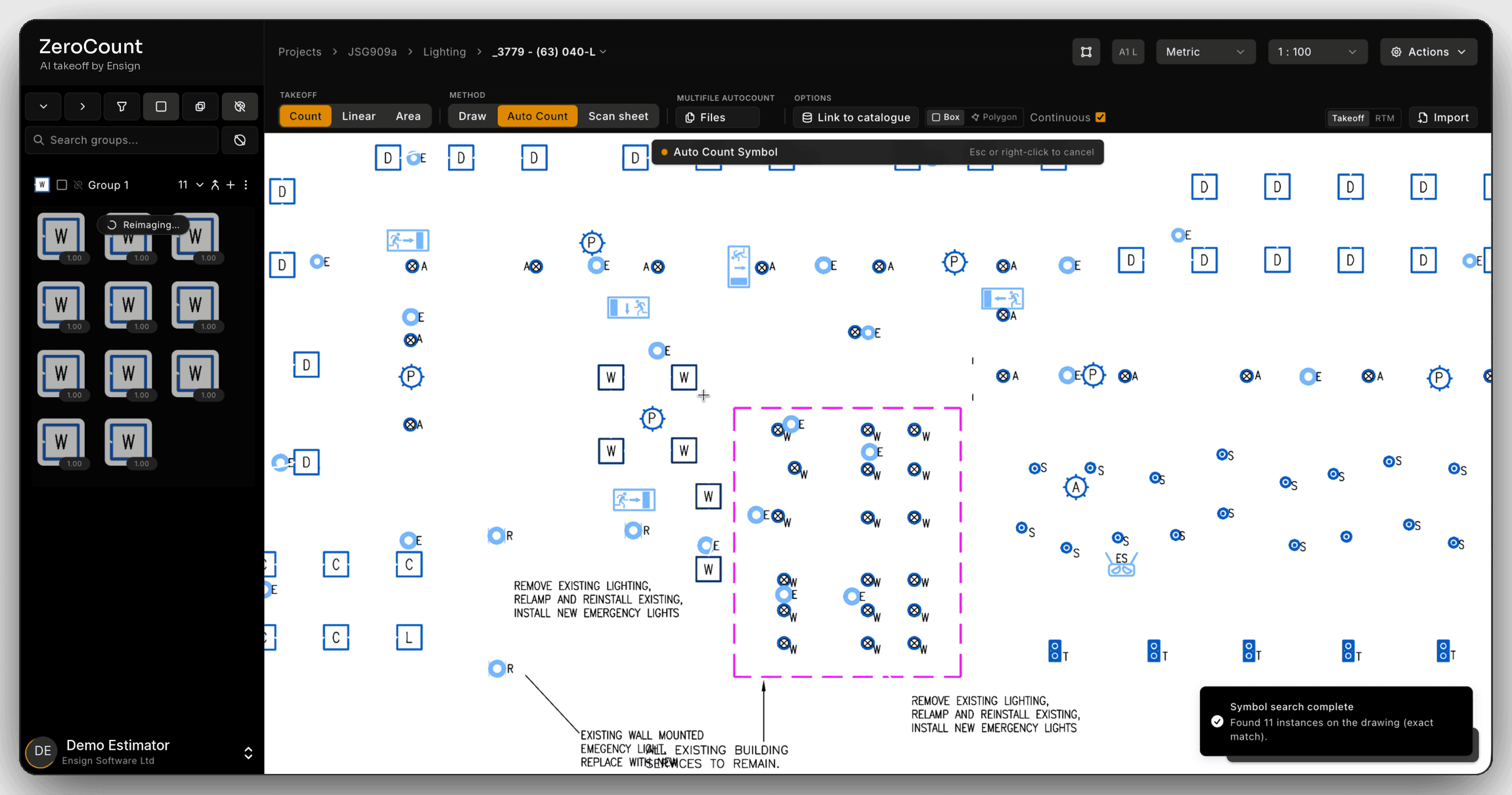 ZeroCount auto count on the lighting layout: one symbol picked and 11 matching instances found and listed in a group.